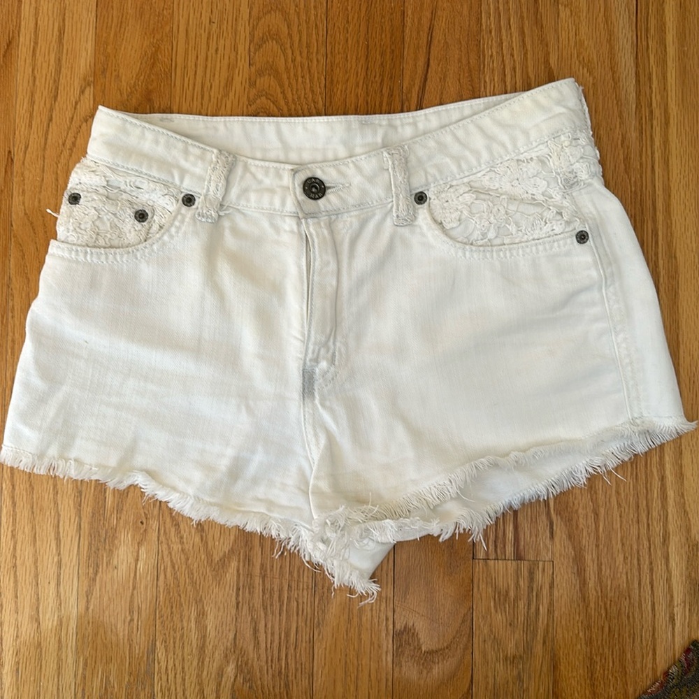 LF CARMAR White High Waisted Lace Denim Shorts